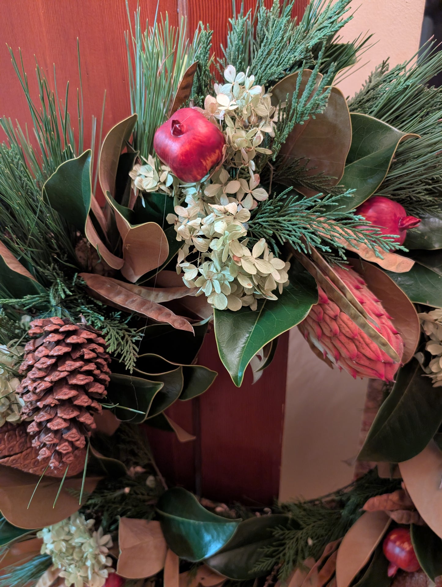 Southern Fall Wreath with Live Evergreens and Dried Foliage