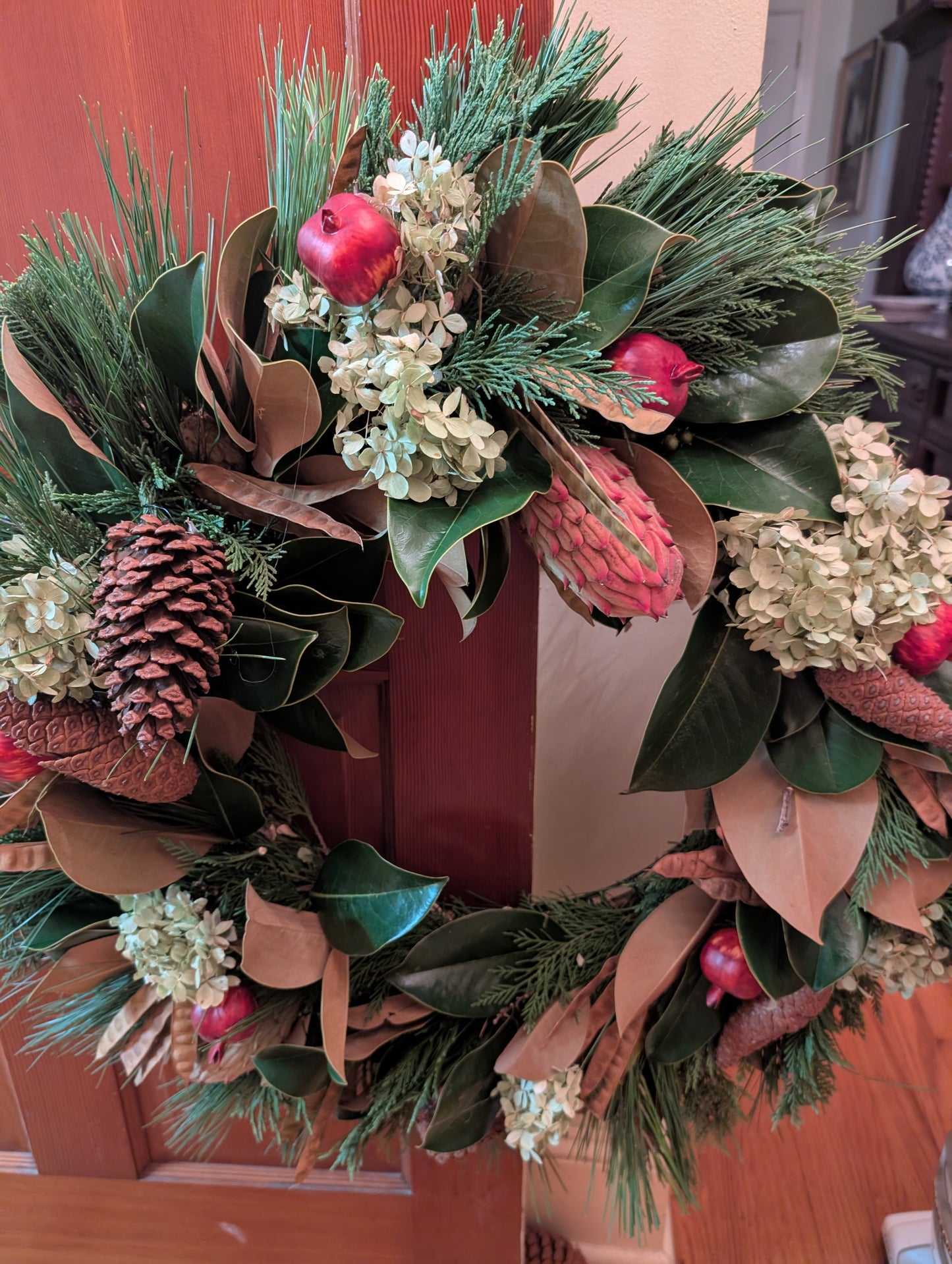 Southern Fall Wreath with Live Evergreens and Dried Foliage