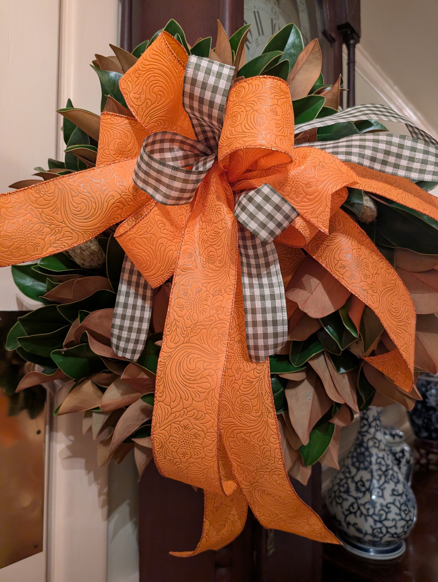 Lucknow Southern Orange and Olive Gingham Check Bow