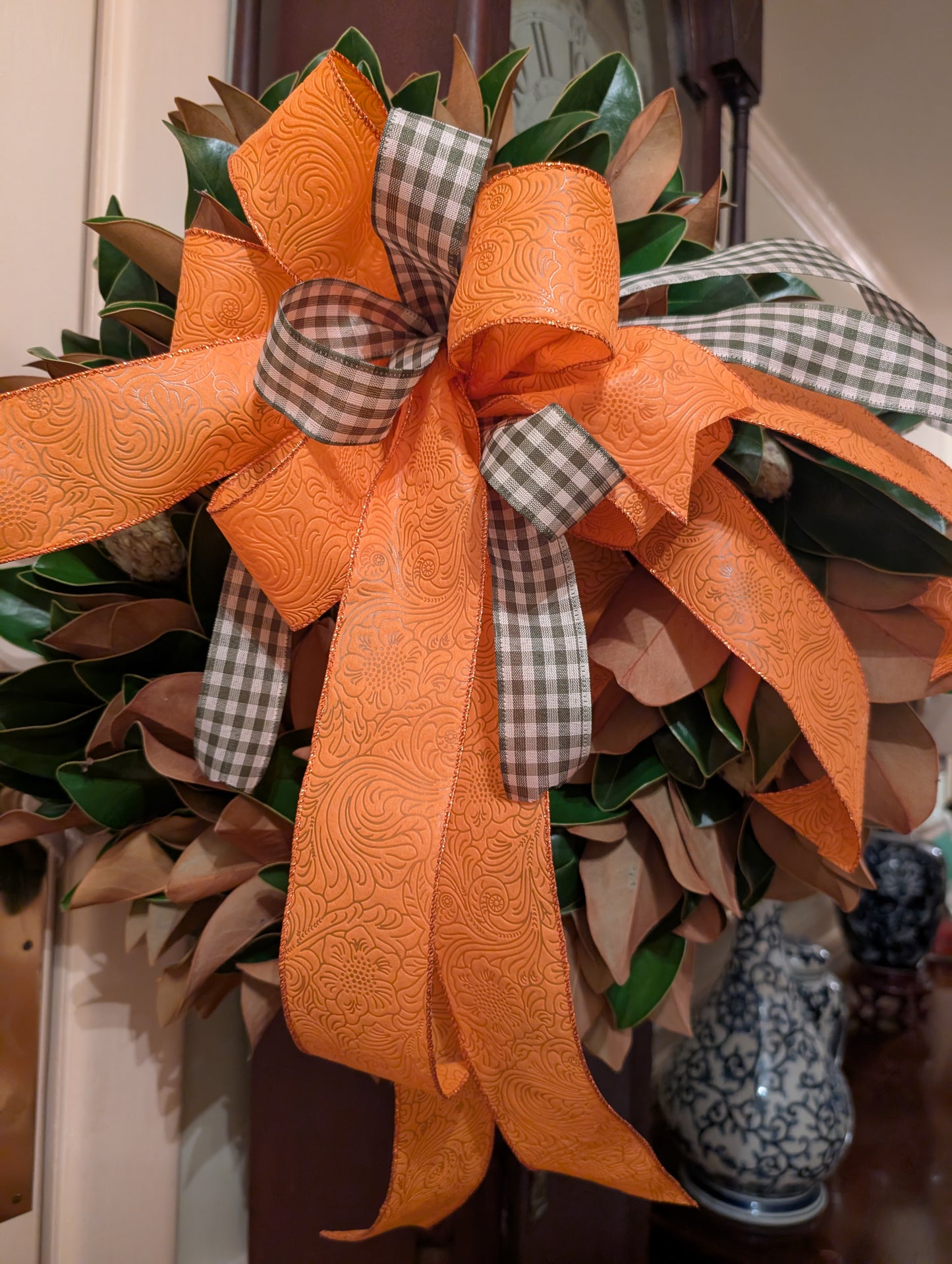 Lucknow Southern Orange and Olive Gingham Check Bow