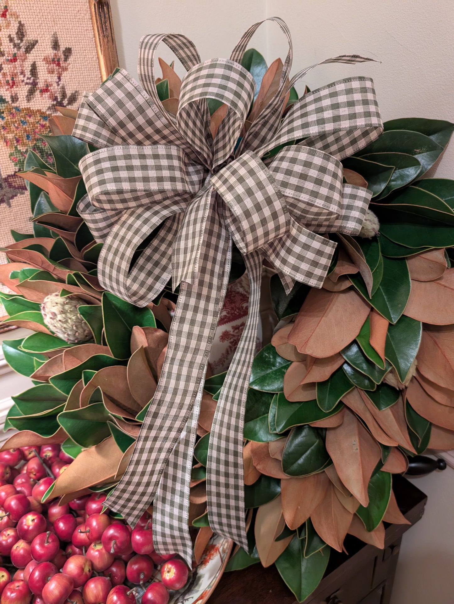 Lucknow Southern Olive Green Gingham Check Bow
