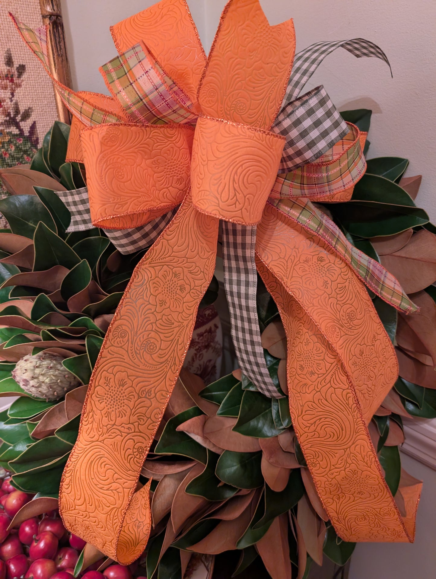 Lucknow Southern Orange, Olive Gingham Check and Fall Plaid Bow