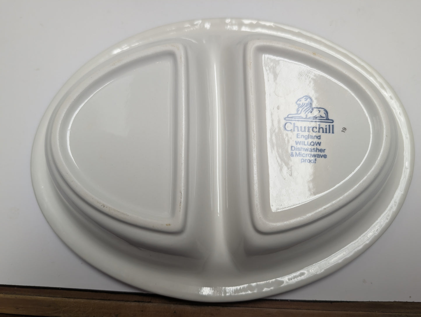 Vintage Churchill of England Blue Willow Divided Oval Vegetable Serving Dish Bowl