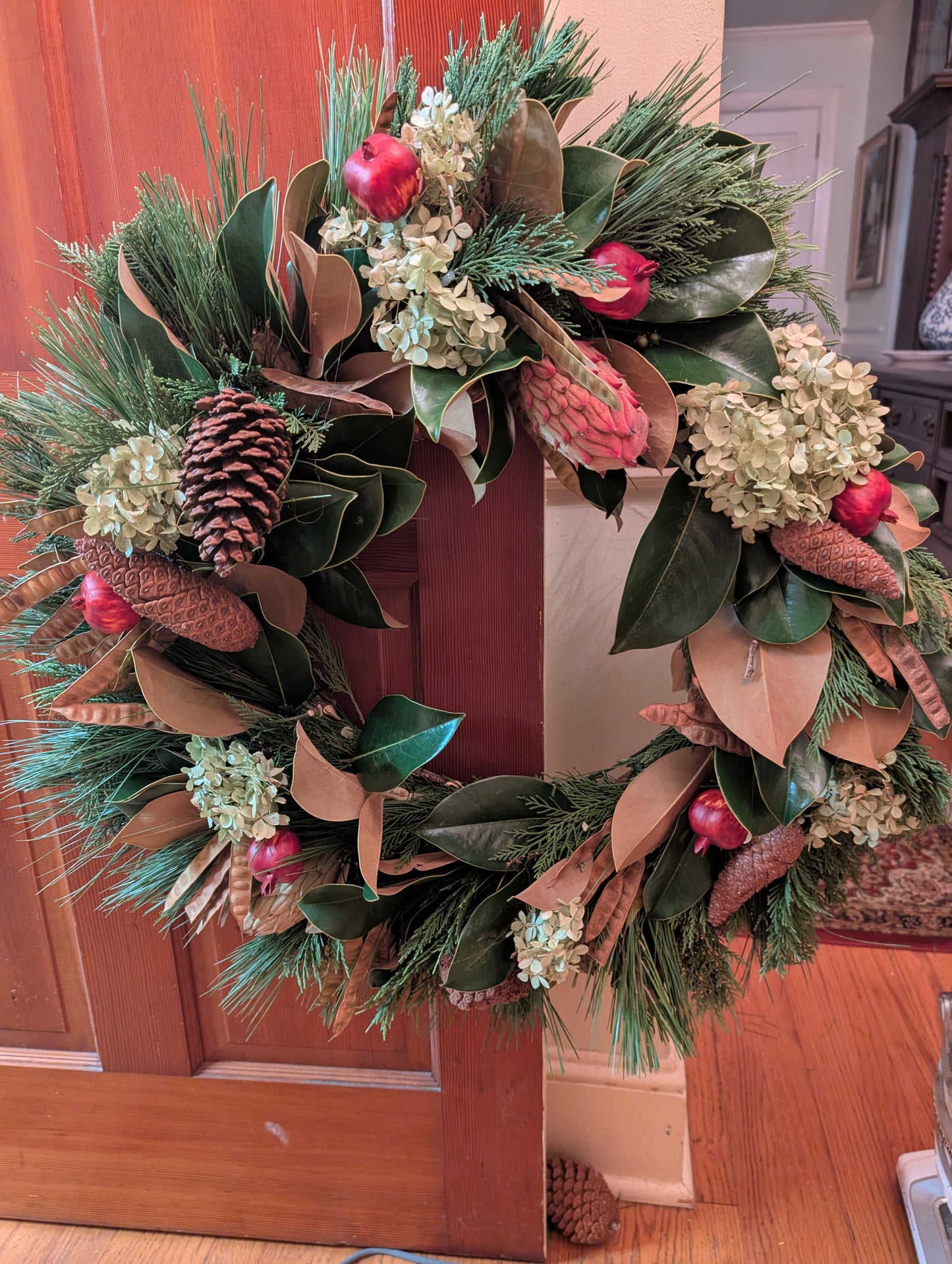 Southern Fall Wreath with Live Evergreens and Dried Foliage