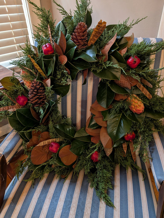 Southern Christmas/Holiday Wreath with Live Evergreens and Dried Foliage
