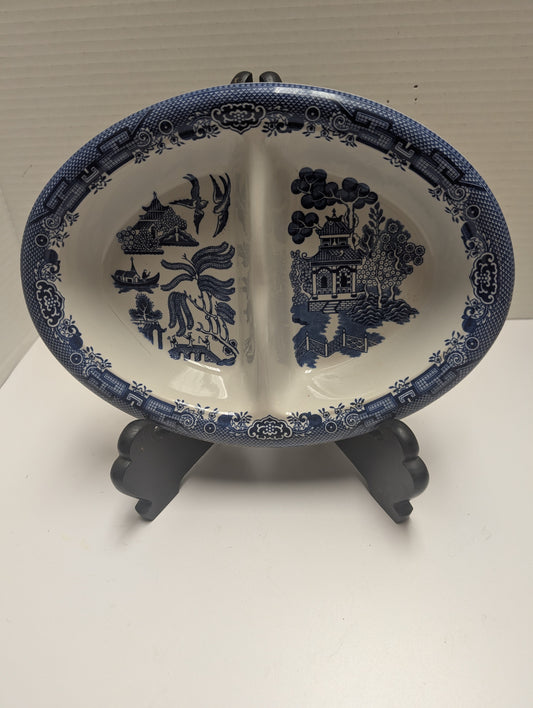 Vintage Churchill of England Blue Willow Divided Oval Vegetable Serving Dish Bowl