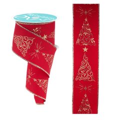 2.5" x 10 yd Wired Ribbon Metallic Swirl Christmas Trees Red and Gold